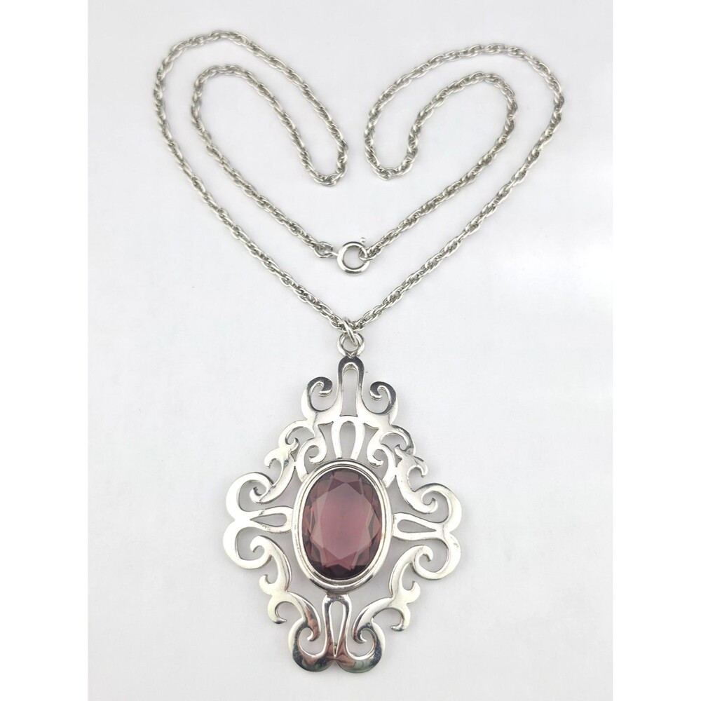 Vintage Sarah Coventry Purple Amethyst Glass Crystal Pendant 24" Chain Necklace